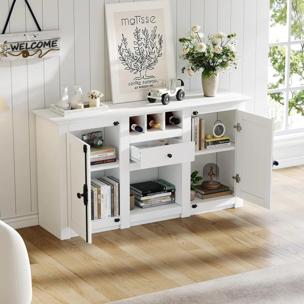 Buffet avec Rangement Semi-Ouvert et Porte-Bouteilles - Commode Blanche