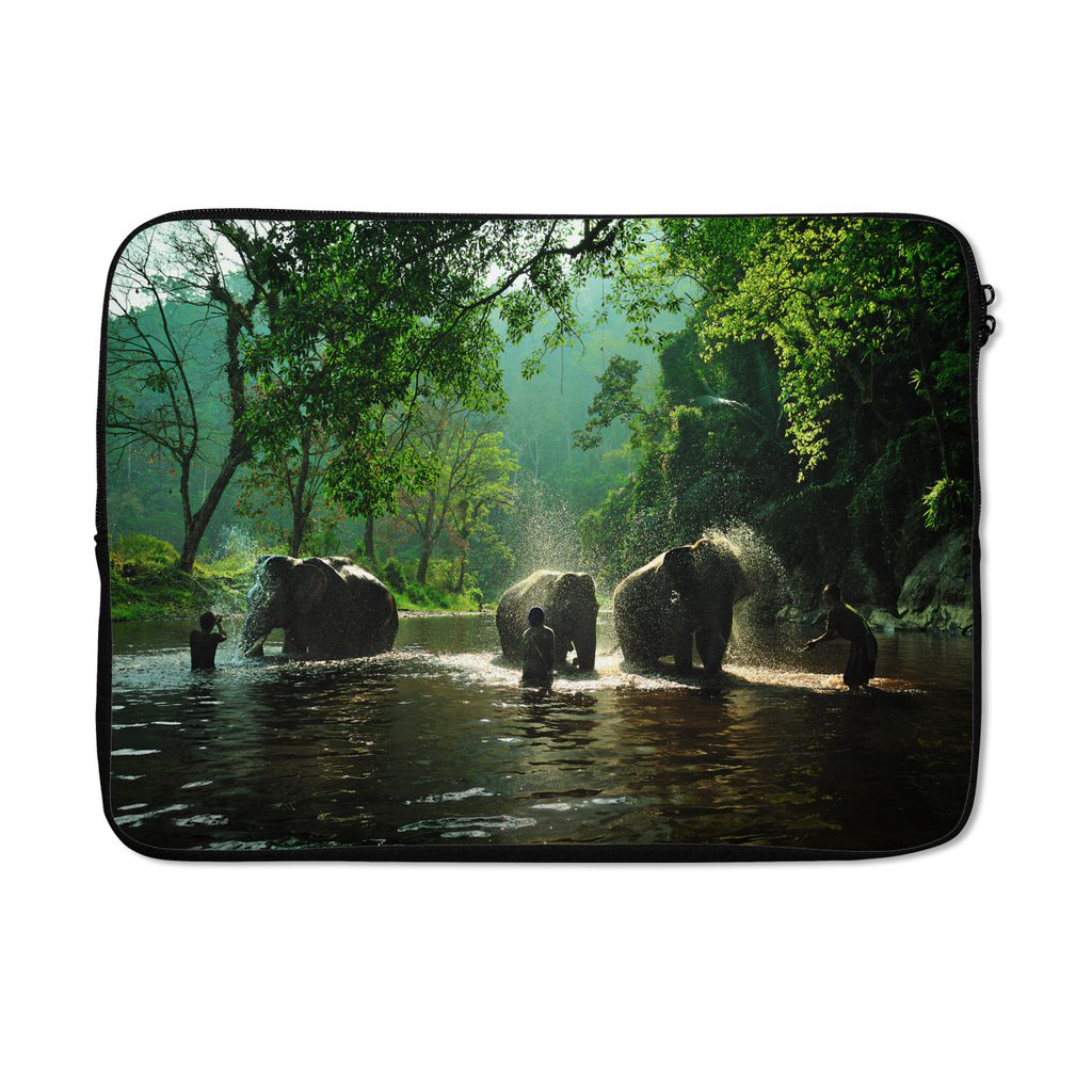 MuchoWow Laptop Hülle 13 Zoll Elefant - Wasser - Bäume - Grün - Tiere Laptoptasche - Laptophülle - Sleeve - Rundumschutz