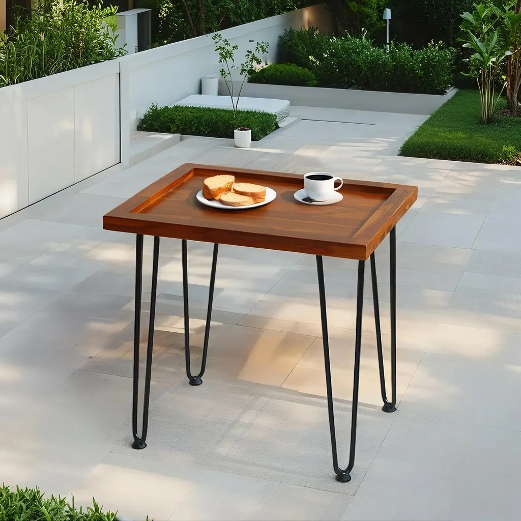 Table à thé motif feuilles, plateau acajou naturel et pieds fer laqué