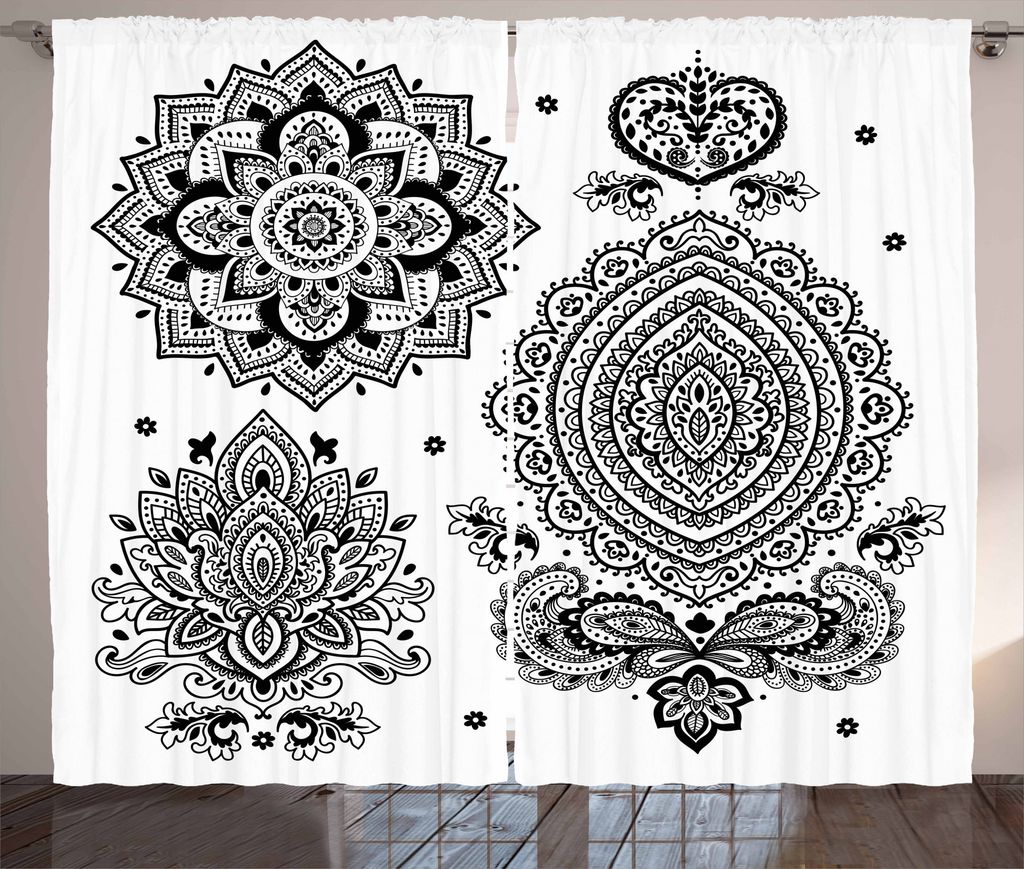 ABAKUHAUS Henna Rustikaler Vorhang, Süd-aufwändiger Entwurf, Wohnzimmer Universalband Gardinen mit Schlaufen und Haken, 280 x 175 cm, Weiß schwarz