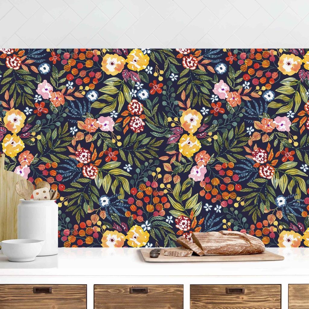 Küchenrückwand Muster selbstklebend - 0.65 mm Wandpaneel wasserfest Blumenmuster bunt Aquarell Spritzschutz fugenlos