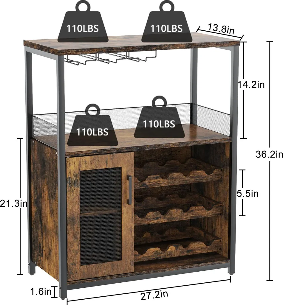 Buffet industriel marron avec étagère amovible et support pour verres - 2