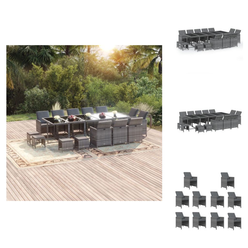 vidaXL 15-tlg. Garten-Essgruppe mit Kissen Poly Rattan Grau - Gartenmöbel-Sets