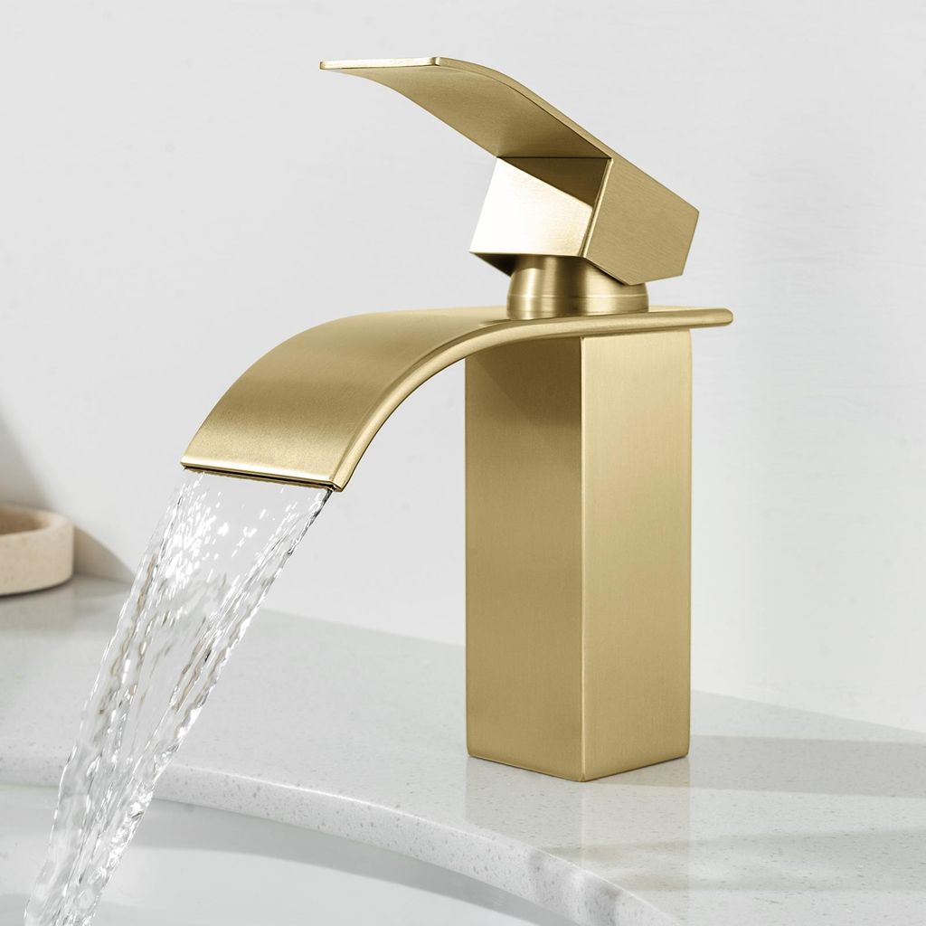 Wasserfall Waschtischarmatur, 304 Edelstahl Gebürstet Gold, Produktbild 