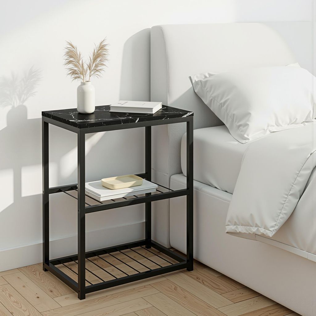 Carenza Home Beistelltisch Schwarz Marmor Optik Metallgestell 2 Gitterablagen 44x29x63cm Nachttisch Sofatisch Wohnzimmer