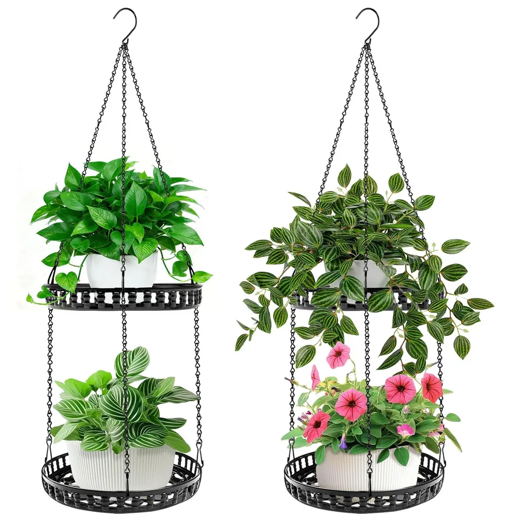 Jardinière suspendue à deux niveaux en métal noir pour intérieur et balcon