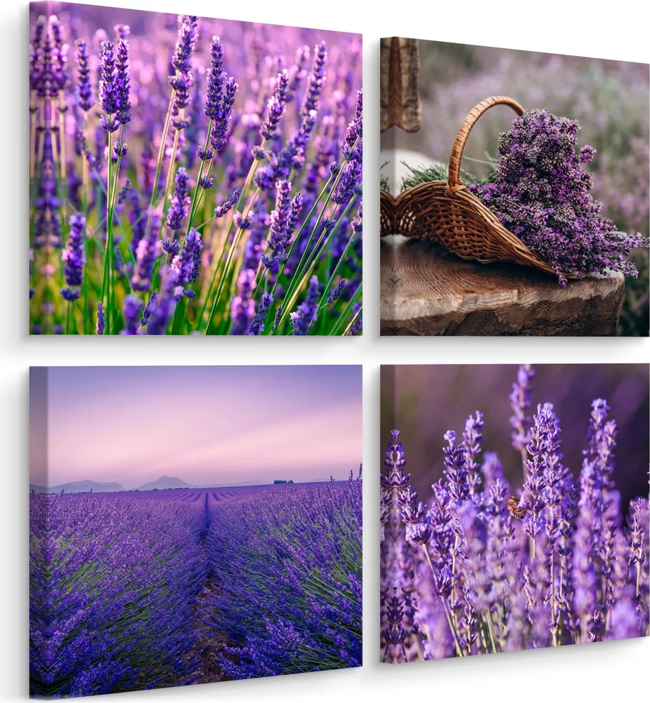Set di quadri su tela pronti da appendere 4 quadri LAVENDEL campo di lavanda fiori natura 3D 80cm x 80cm (4x 40cm x 40cm)
