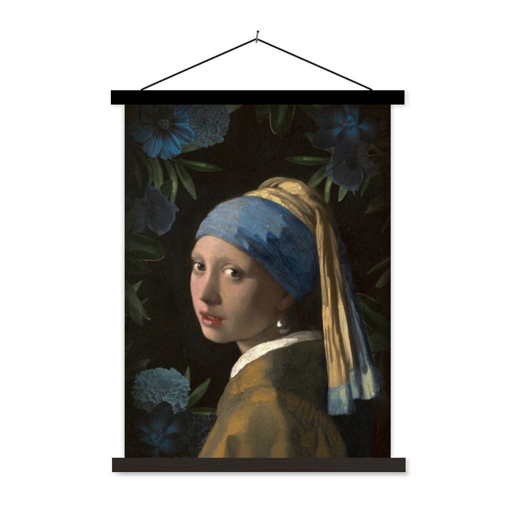 MuchoWow Textilposter Mädchen mit Perlenohrring - Vermeer - Blumen - Blau 90x120 cm mit schwarzem Rahmen - Dekoration