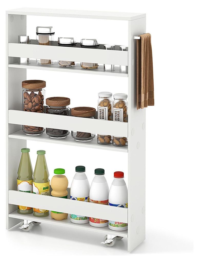 A white four-tier rolling cart filled with various food items and jars, placed on a white background.