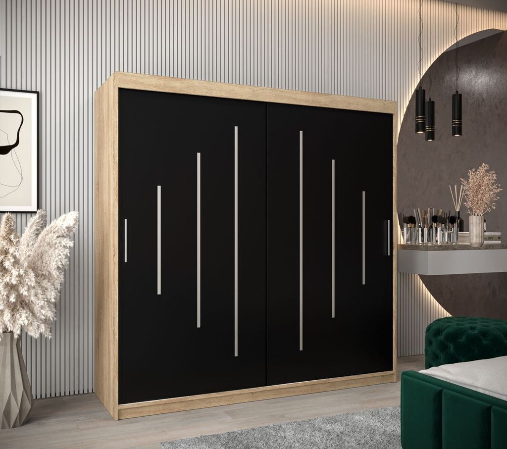 Kleiderschrank ERIKA – Breite 200 cm, Eiche sonoma / schwarz