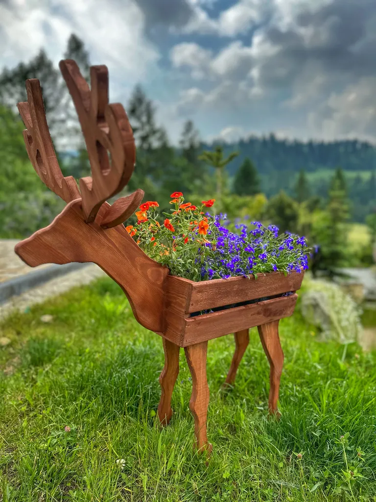 Support de fleurs cerf bois marron - Jardinière sculptée design rustique - 4