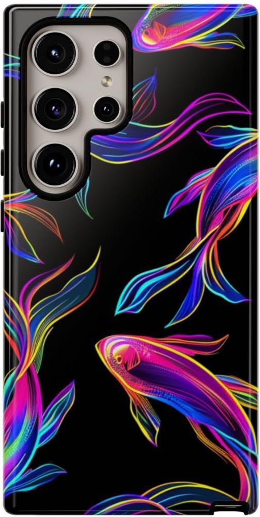 Leuchtende Neonfische auf Schwarz – Hülle Kompatibel mit Samsung Galaxy S24 Ultra