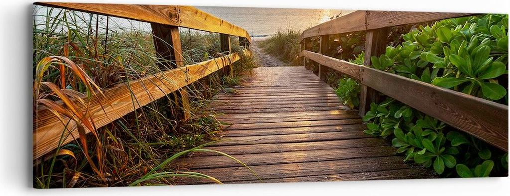 Bild auf Leinwand - Leinwandbild - Fußgängerbrücke Meer Strand Ufer - 90x30cm - Wand Bild - Wanddeko - Leinwanddruck - Bilder - Kunstdruck - Wan...