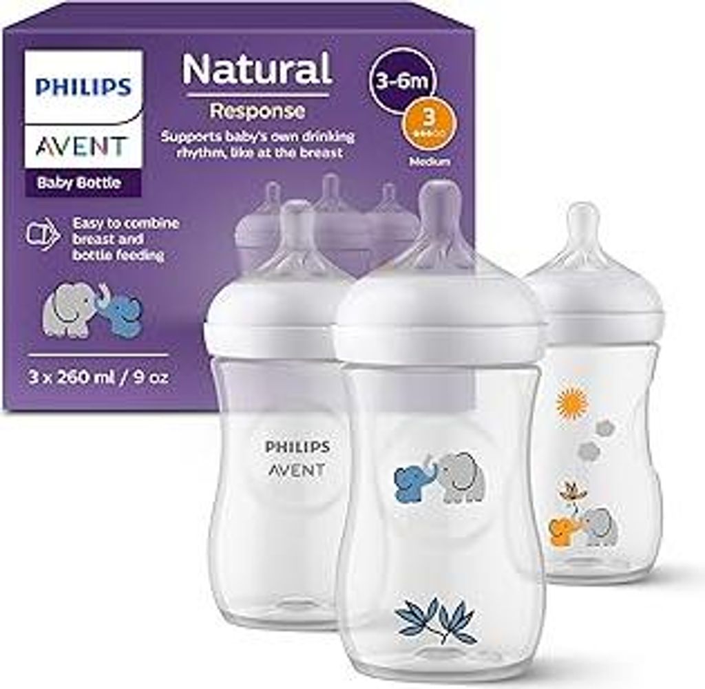 Philips Avent Natural Response Geschenkset für Babys: 3 Natural Response Babyfläschchen (260 ml) mit T3 Saugern (3-6 Monate), SCY903/63