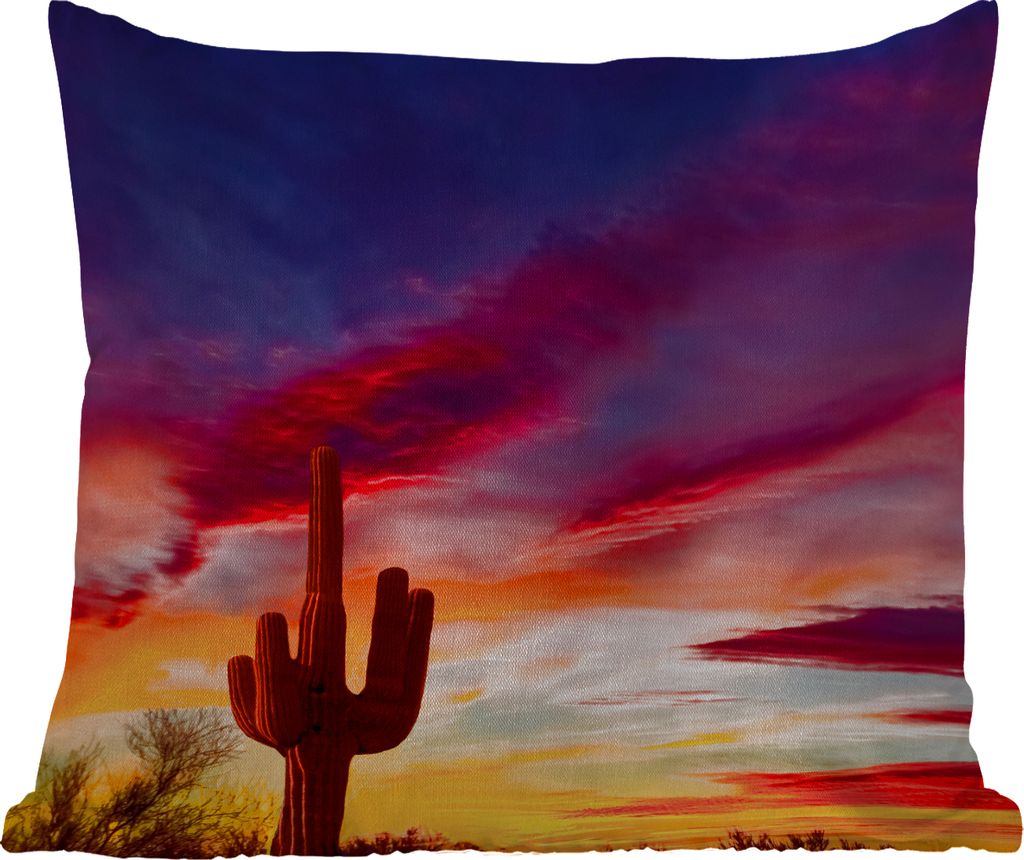 MuchoWow Outdoor Kissen - Kaktus - Himmel - Sonnenuntergang - Lila - Rosa - 60x60 cm - Wetterfest - Lounge Kissen - Dekoration - Schlaf Kissen