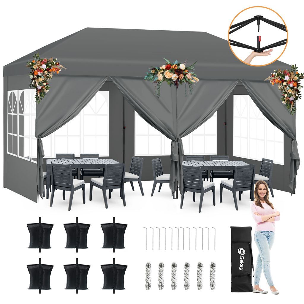 Sekey Faltpavillon 3 x 6 m Pop Up Pavillon Partyzelte Wasserdicht, UV-Schutz 50+ Festzelt mit 6 Seiten für Camping / Garten / Hochzeit, Grau