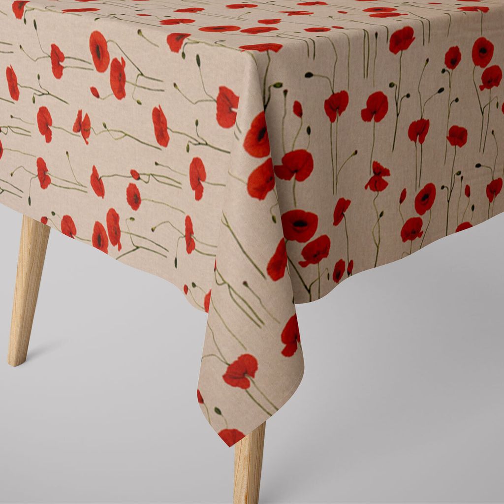 SCHÖNER LEBEN. Tischdecke Leinenlook Poppy Field Mohnblumen natur rot Größe 120x120cm