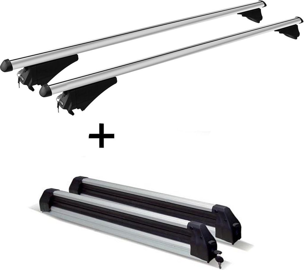 Relingträger Tiger XL + Skiträger / Snowboardträger / Skihalter Silve Ice ausziehbar) kompatibel mit für Hyundai Tucson (TL) ab 2015