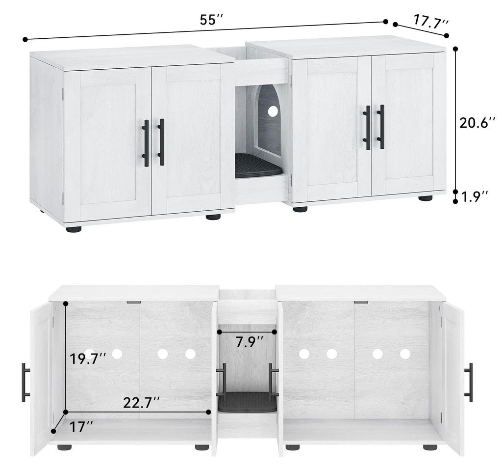 Katzenklo-Schrank für 2 Katzen - Doppel 3-in-1 - Verstecktes Katzenklo, Katzenhaus & TV-Lowboard - Holz, 140 cm, mit Kratzmatte - Weiß