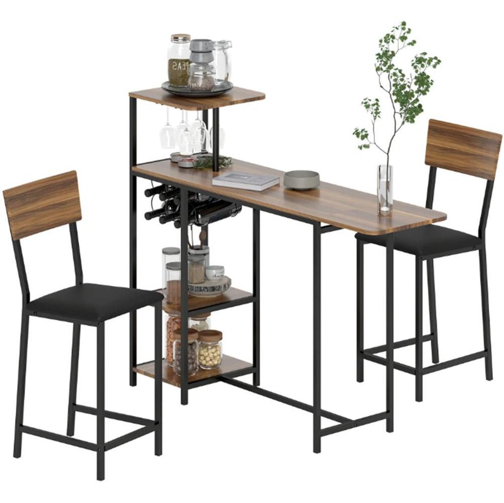 3-teiliges Bartisch-Set, 1 Bartisch, Esstisch mit 2 Stühle, Küchentisch mit Weinregal, Glashalter, Offene Regale, Fußstützen