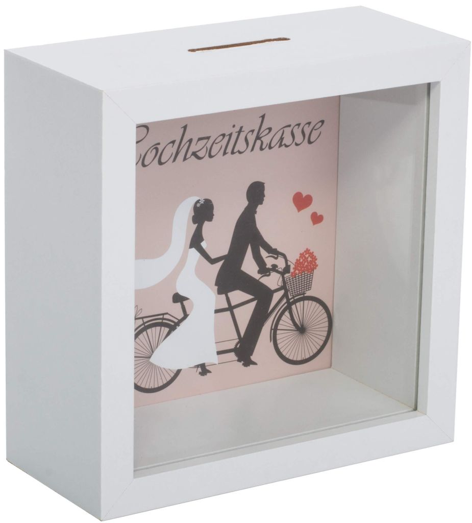 Hochzeitsgeldkasse, Sparschwein, Bilderrahmen, Design aus Holz und Echtglas – Weiß
