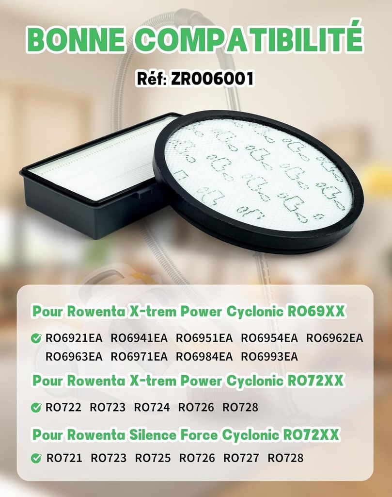 Kit Filtro HEPA Per Aspirapolvere Rowenta X-Trem Power Cyclonic RO6984EA RO6941EA RO6963EA Ro6921ea Ro6971ea Ro6993ea Modello Ro69xx Accessorio Filtro Sostitutivo Zr006001 83831610