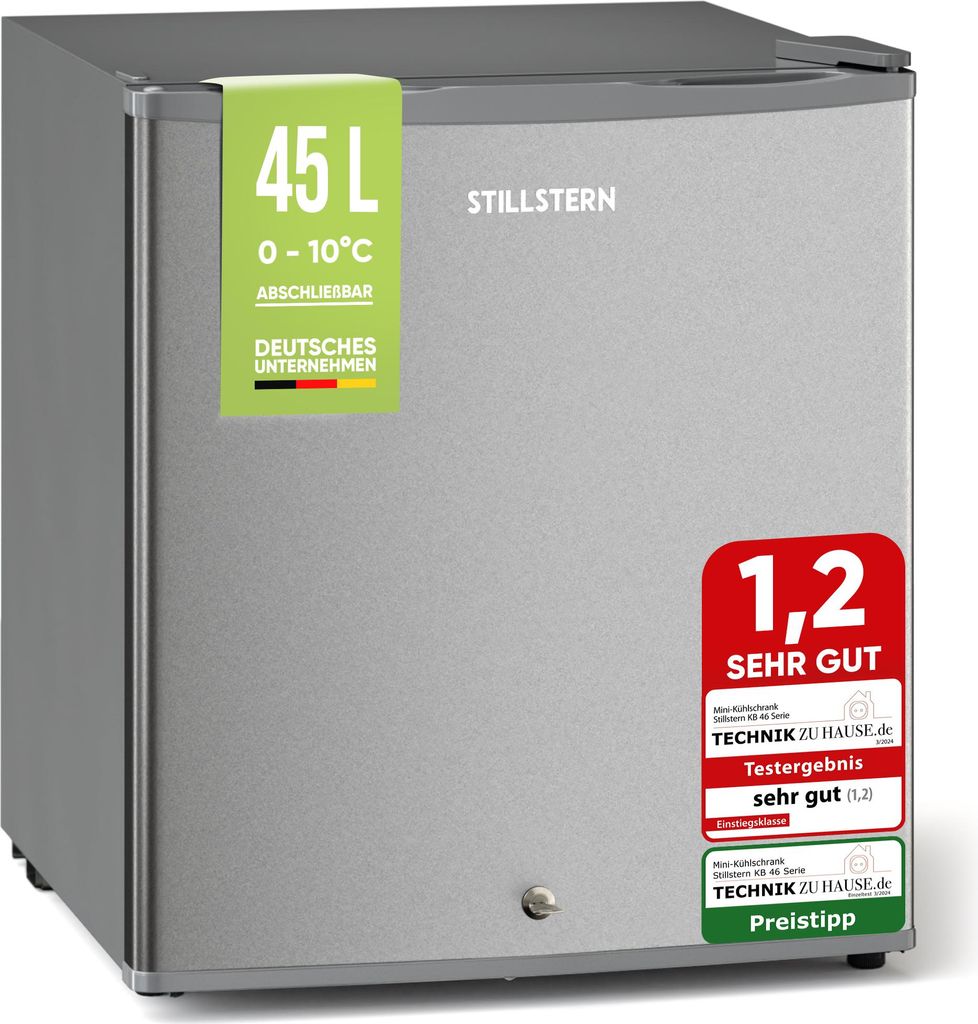 Stillstern Mini Kühlschrank E 45L mit Abtauautomatik, Schloss, Frostfach, Leise, Ideal für Küche, Büro, Schlafzimmer, Hotels und kleine Wohnung...