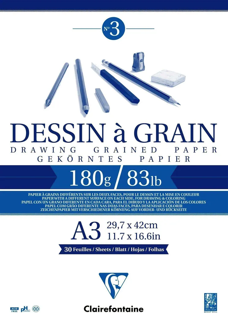 Clairefontaine 96622C Bloc de Papier à Grain Dessin DIN A3 180g 20 Feuilles