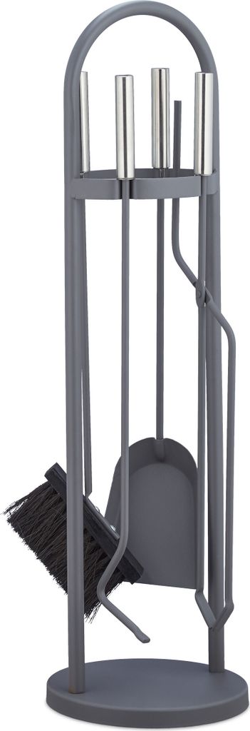 Relaxdays Kaminbesteck modern, 5 teilige Kamingarnitur, Schaufel, Besen, Zange, Schürhaken & Halter, Ofenbesteck, grau