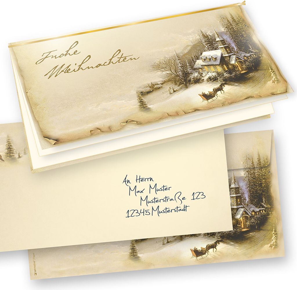 Weihnachtskarten Set Winteridylle (50 Sets inkl. Kuverts) mit Umschlag und mit Einlegeblätter Einleger zum bedrucken