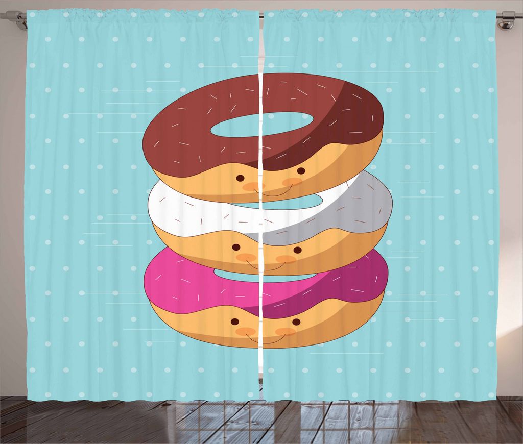 ABAKUHAUS Anime Rustikaler Gardine, Kawaii Cartoon Donuts, Schlafzimmer Kräuselband Vorhang mit Schlaufen und Haken, 280 x 225 cm, Mehrfarbig