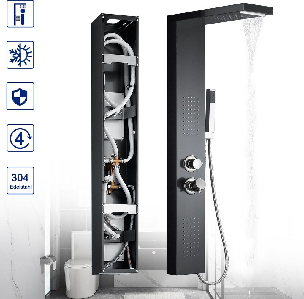 A black shower panel system with its internal components visible on the left, and the operational showerhead and controls on the right.