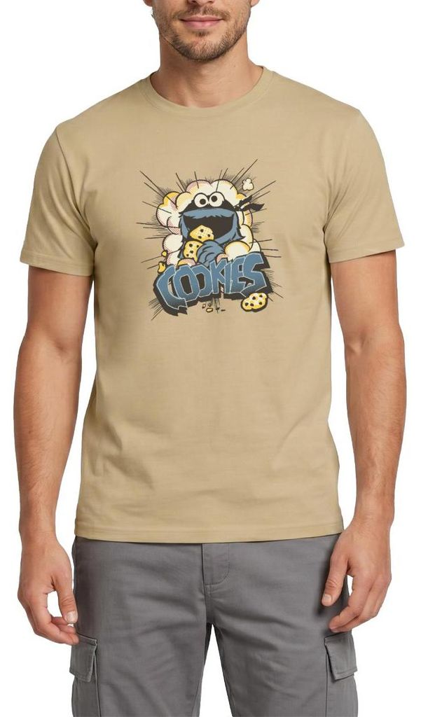 Spreadshirt Sesamstraße Design Mit Krümelmonster Und Cookies Männer T-Shirt, M, Sandbeige