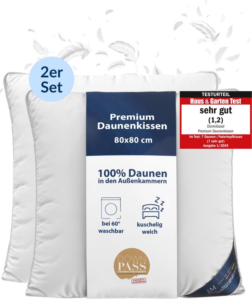 DormiGood | Premium Daunenkissen | 2er Set 80x80 cm | Daunen | Kissen Doppelpack | 80x80 | Kopfkissen | Allergiker geeignet | Nomite | Downpass