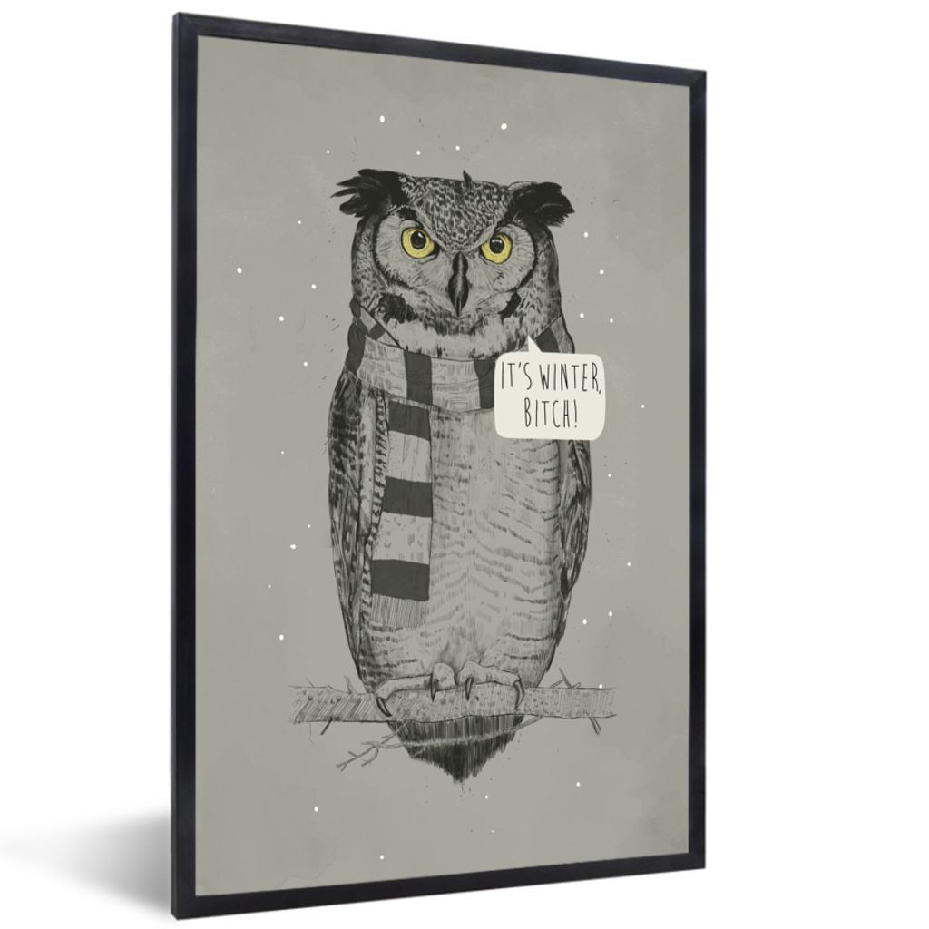 MuchoWow Gerahmtes Poster Eule - Winter - Schal - Nacht 20x30 cm - Poster mit Schwarzem Bilderrahmen Wandposter Rahmen Foto Bilder - Drucken - Bi...