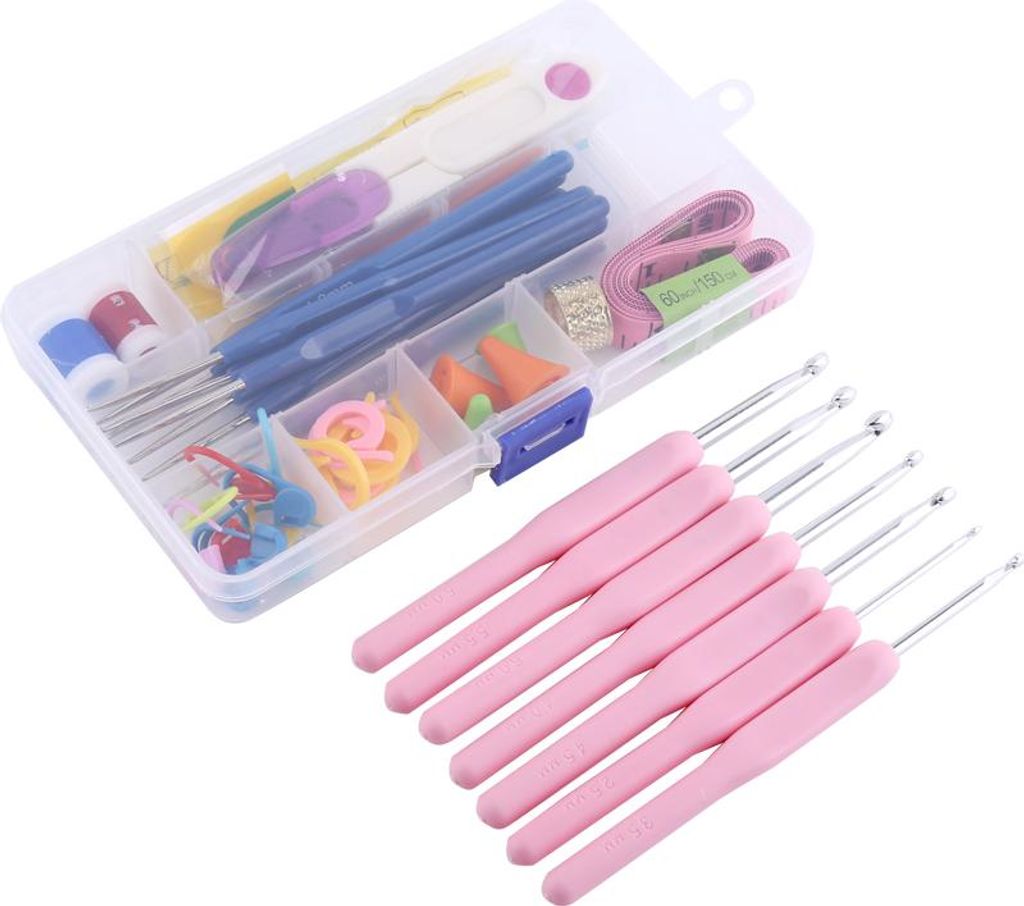 Set mit 16 Häkelnadeln und Stricknadeln mit weichem Griff im Etui (Hellrosa)