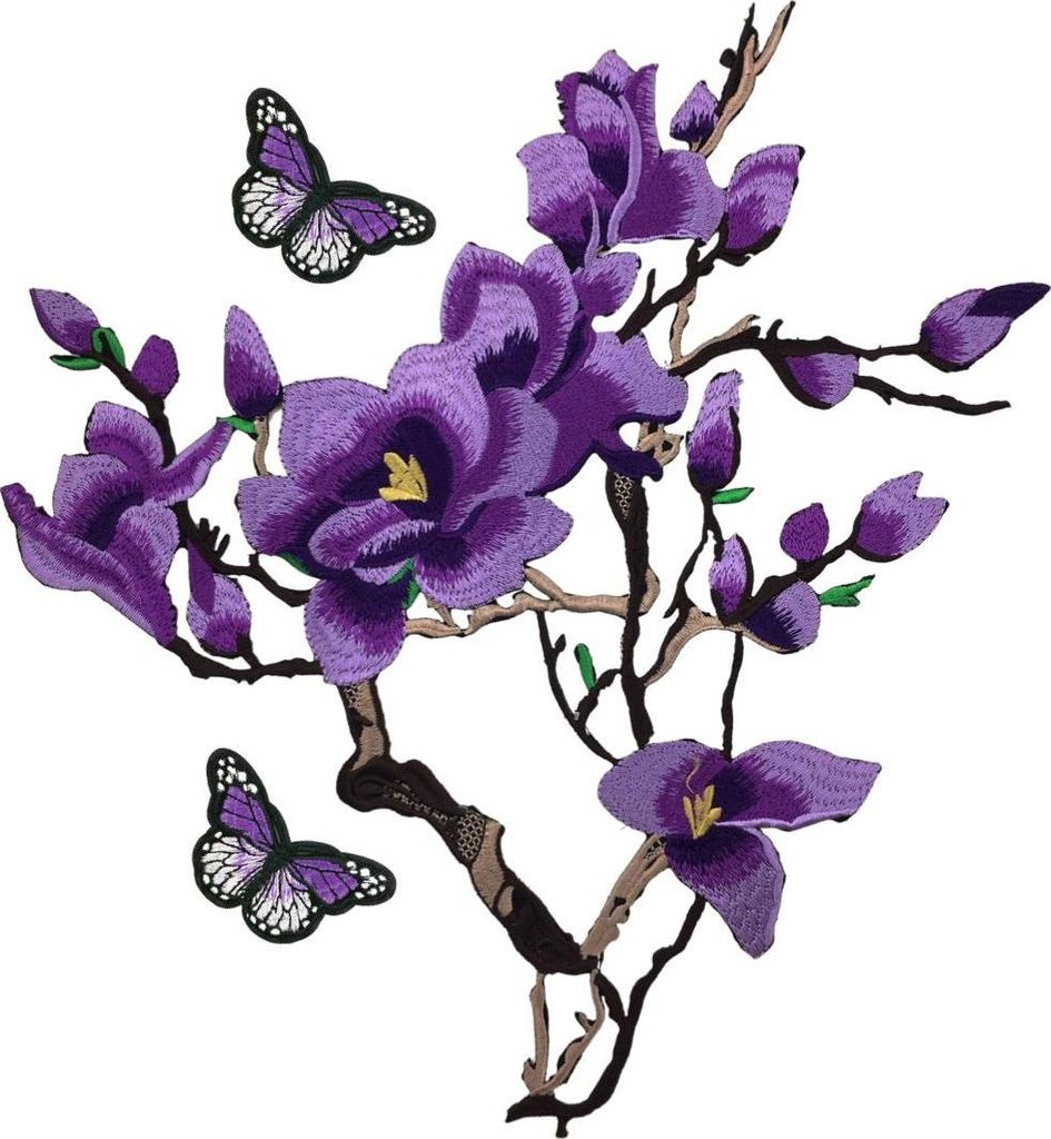 Magnolienblüten-Schmetterlings-Aufnäher-Set zum Aufbügeln, Lila, 3 Aufnäher