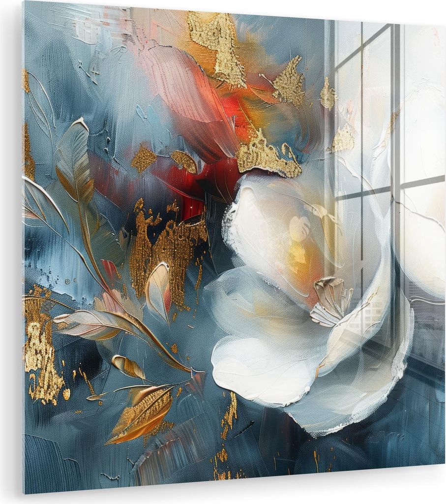 MuchoWow Glasbilder - Bilder auf Wandbild - Foto auf Glas Blumen - Weiß - Gold - Kunst - Abstrakt 20x20 cm Wanddekoration aus Glas - Acrylglasbild...