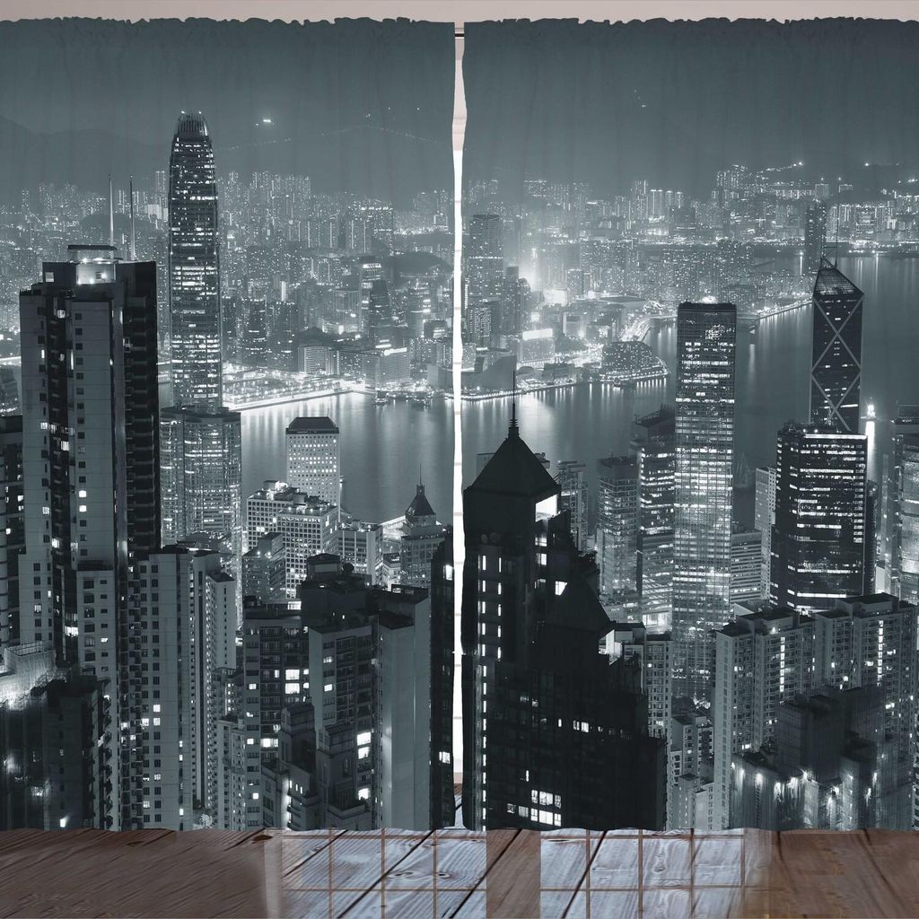 ARANDE Stadt Gardine, Luftnacht der Ansicht-Hong Kong-Skyline-berühmten modernen städtischen Stadt-Metropolen-Panorama-Bildes, 280 x 175 cm, Grau