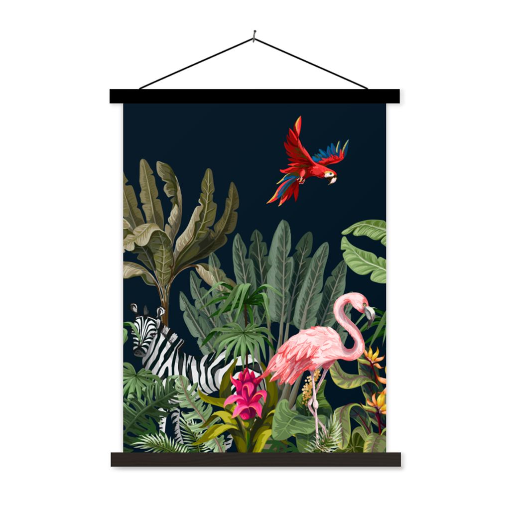 MuchoWow Textilposter Dschungel - Pflanzen - Tiere - Kinder - Flamingo - Zebra 120x160 cm mit schwarzem Rahmen - Magnetischer