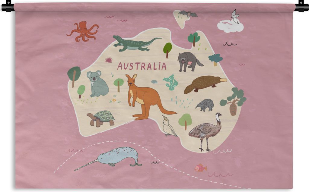 MuchoWow Wandteppich Wandbehang Australien - Weltkarte - Kinder - Tiere - Mädchen - Kinder 90x60 cm Tapisserie Dekoration Wandtuch - Wandskulptu...