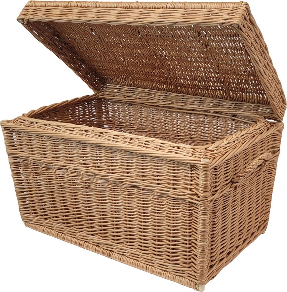 A wicker chest with its lid open, shown against a white background.