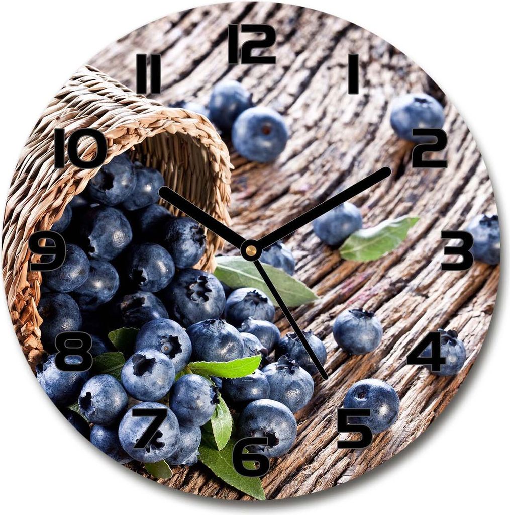 Wanduhr aus Glas 30fi Glasbild Glasuhr Gehärtetes Glas - schwarze-zeiger - Blueberries in a basket