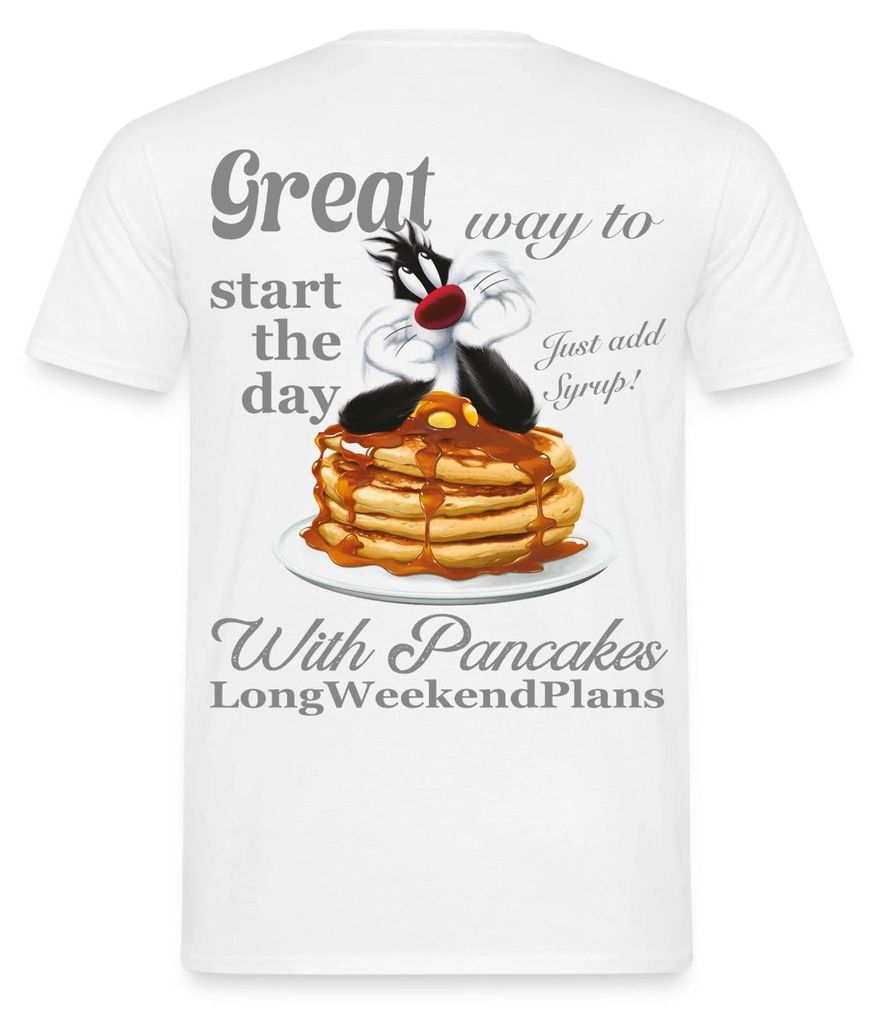 Spreadshirt Looney Tunes Pancakes Mit Spruch Und Sylvester Cat Männer T-Shirt, XXL, Weiß