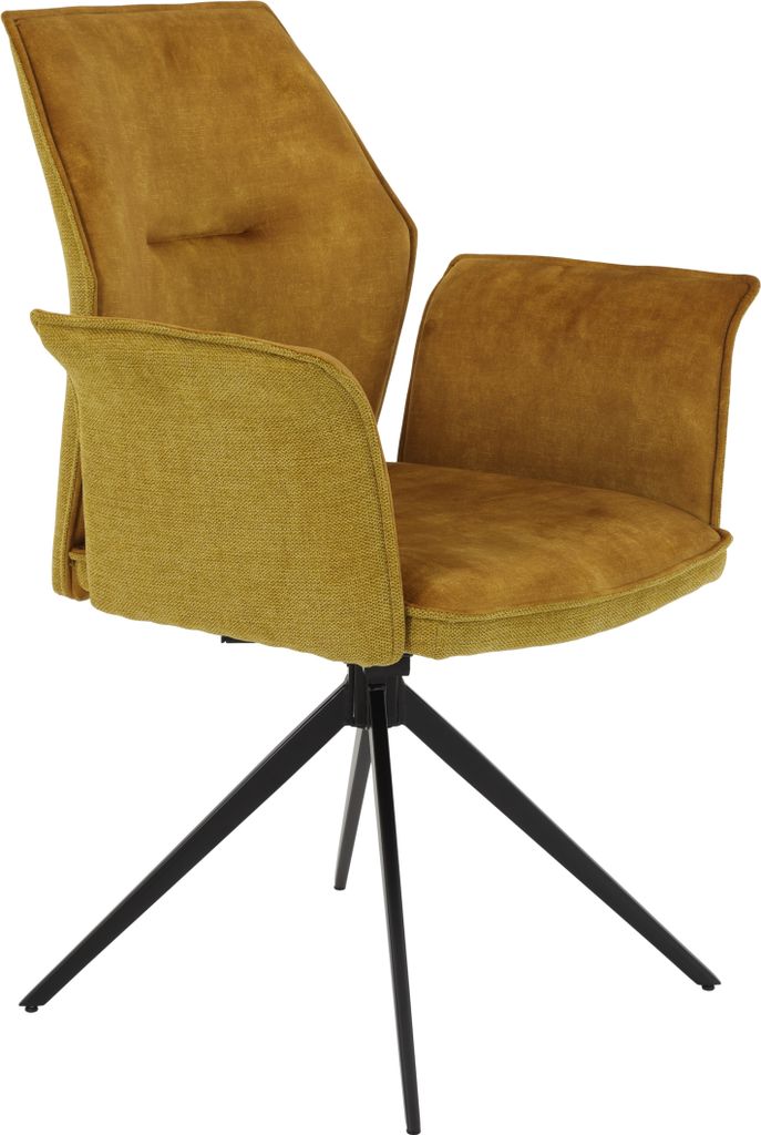 Hela Tische, Armlehnstuhl, Esszimmer Stuhl Susanne -Materialmix Webstoff+Microfaser Velvet Gold -Spinnengestell Schwarz 120kg belastbar -360° drehbar