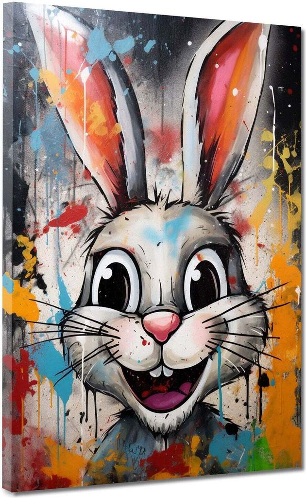Pop Art White Rabbit, Hase Leinwandbild Wandbild Kunstdruck XL Deko: 90x120x4cm