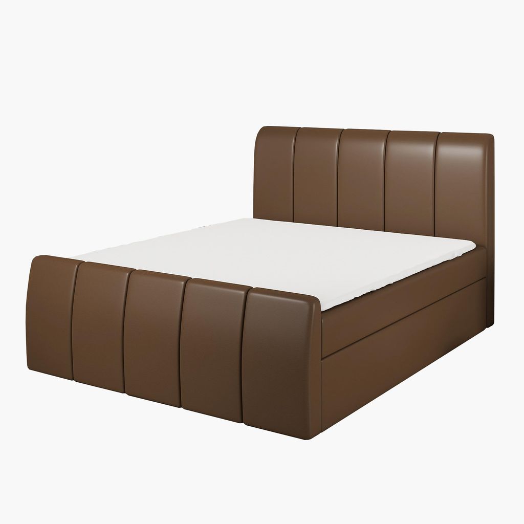 Boxspringbett KARIS 160x200 mit Bettkasten, Topper und gepolstertem Kopfteil. Farbe: Dunkelbraun