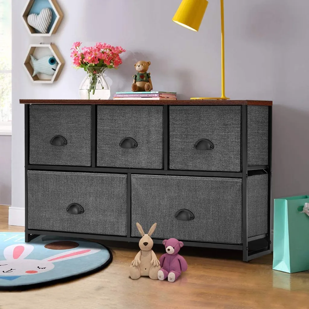 COSTWAY Commode à 5 Tiroirs en Tissu et Cadre Métal Stable - Noir
