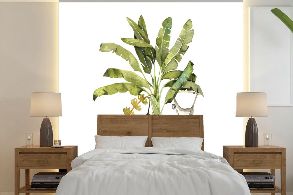 MuchoWow Fototapete für Wohnzimmer oder Schlafzimmer Wandtapete Vinyl Motivtapete Dschungel - Palme - Affe - 240x240 cm - Schlafzimmer-Tapete