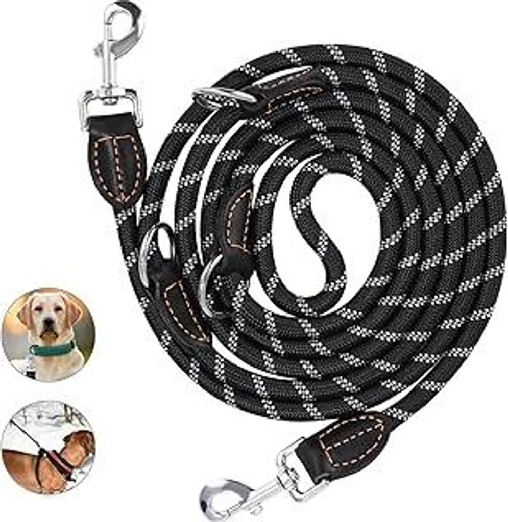 Guinzaglio 3m Nylon Regolabile per Cani Grandi - 2 Moschettoni e 3 Anelli